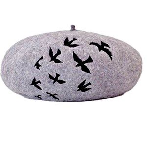 NEW Anthropologie Gray Wool Beret with Bird embellishment Gray Wool Hat Winter